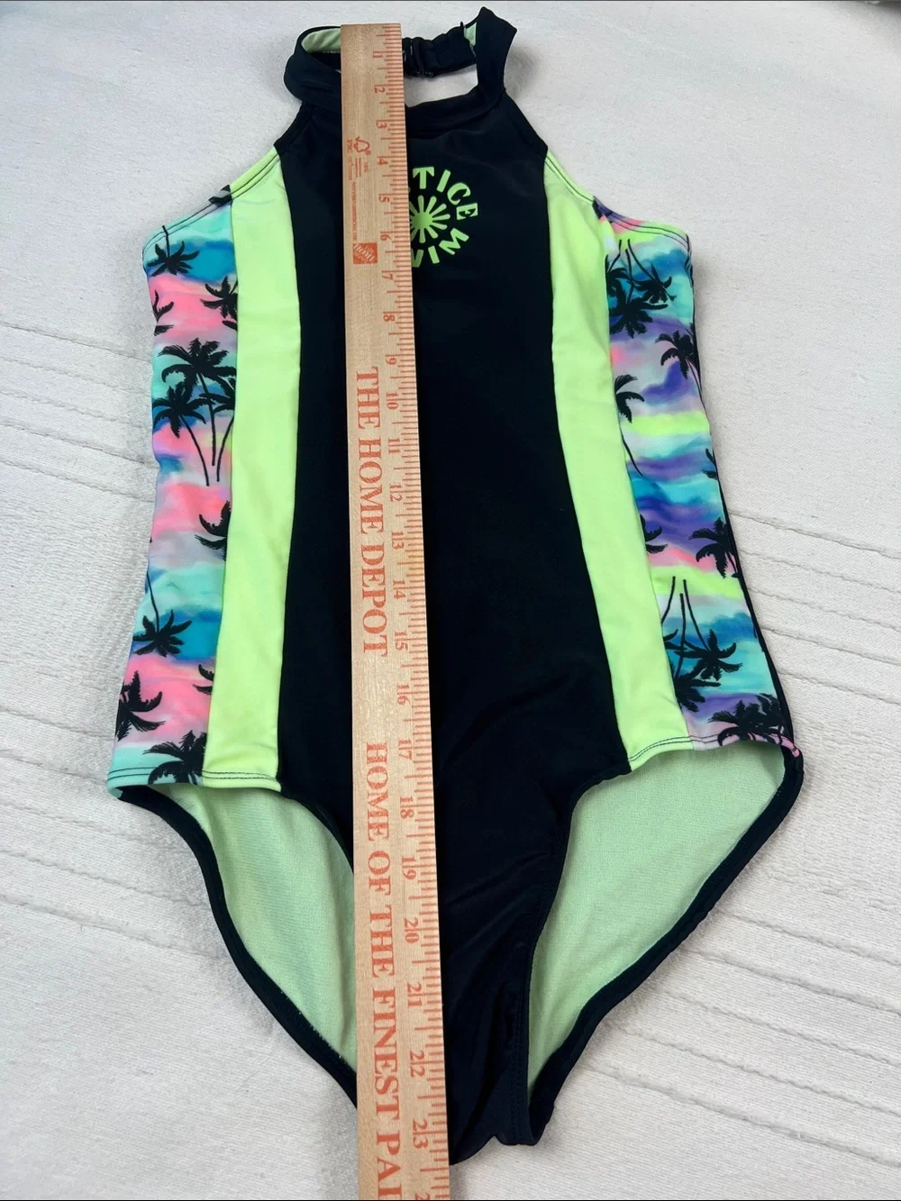 Justice Girls' Black & Lime Green One-Piece with Pastel Palm Print